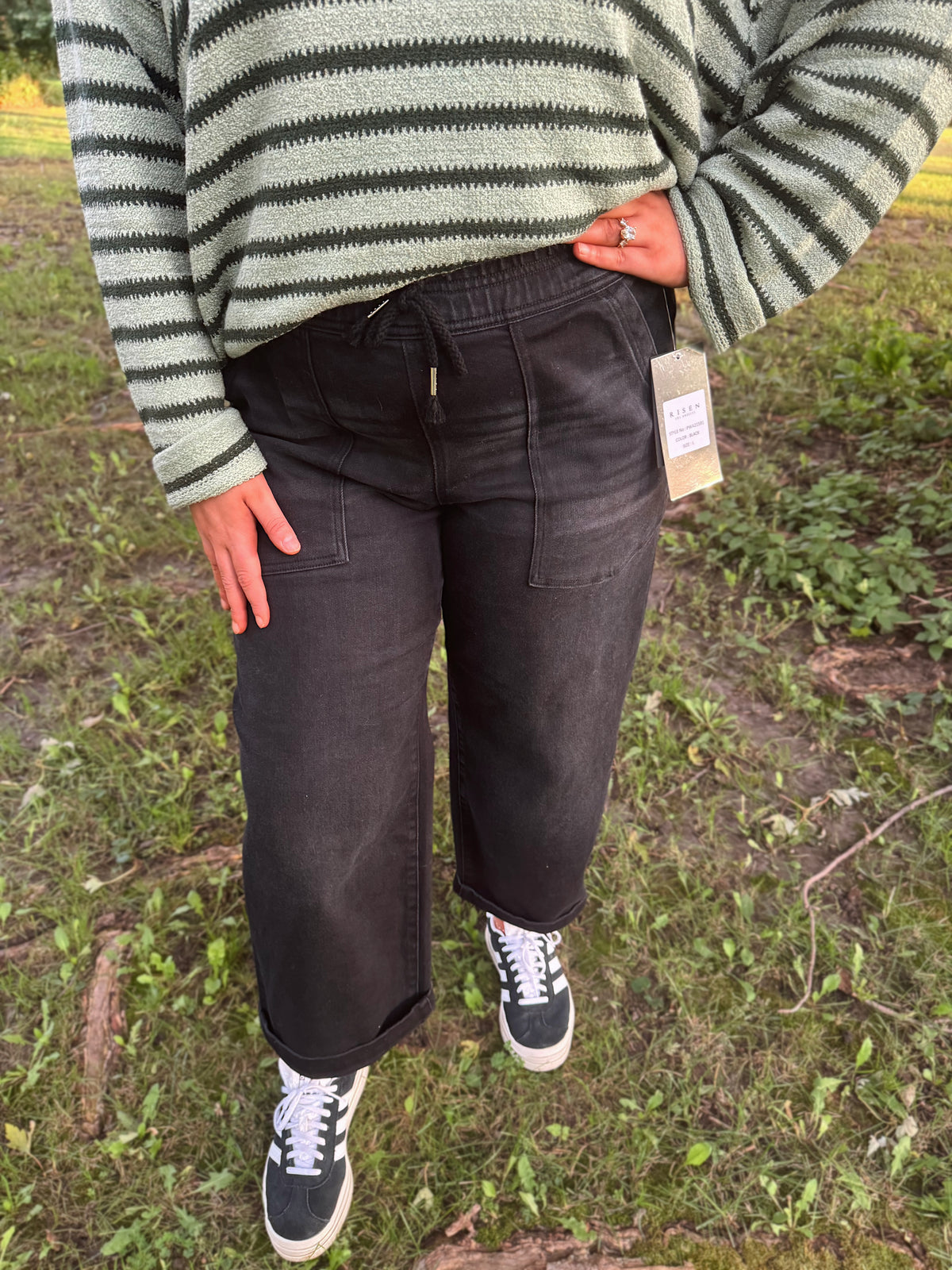 Risen Tie Slouchy Cropped Patch Pocket Jeans- Black