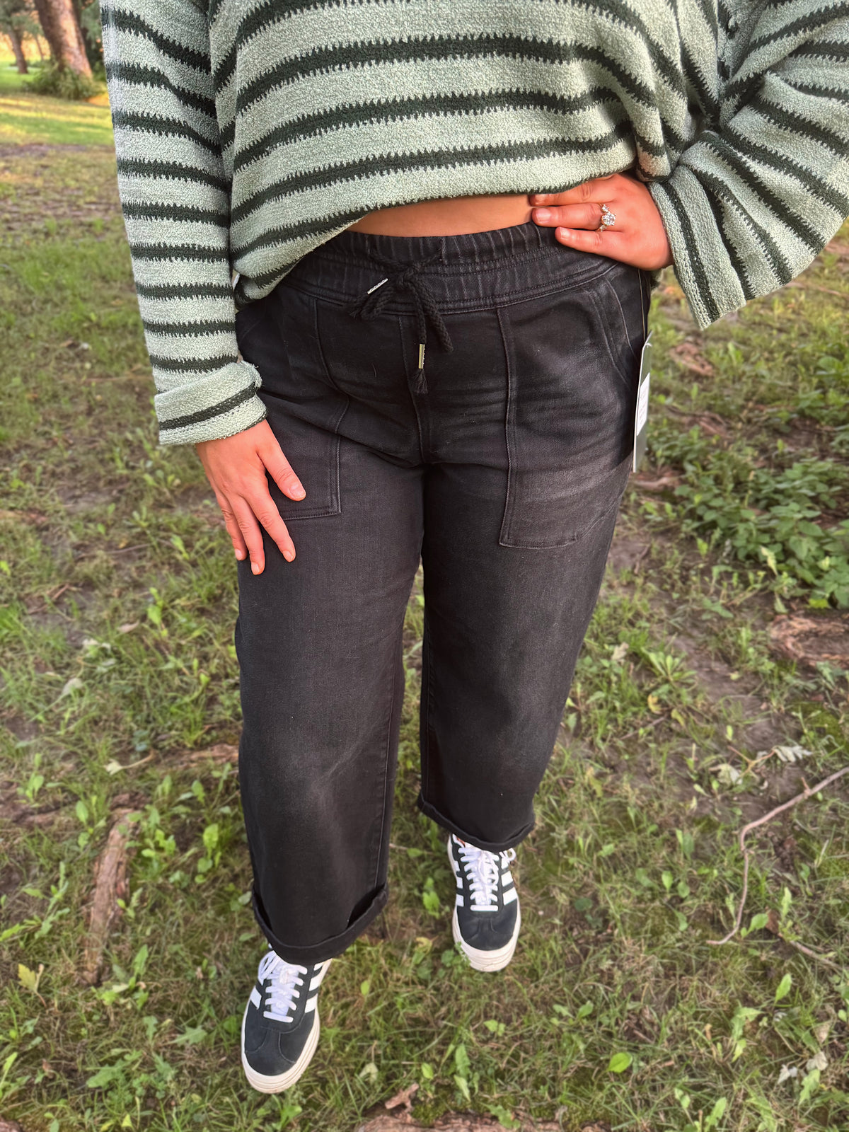 Risen Tie Slouchy Cropped Patch Pocket Jeans- Black