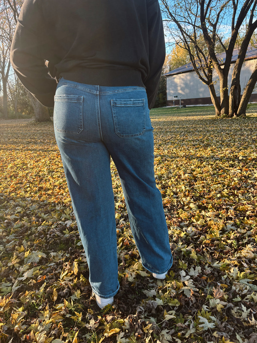 Risen High Rise Wide Baggy Jeans Tie Waistband- Dark