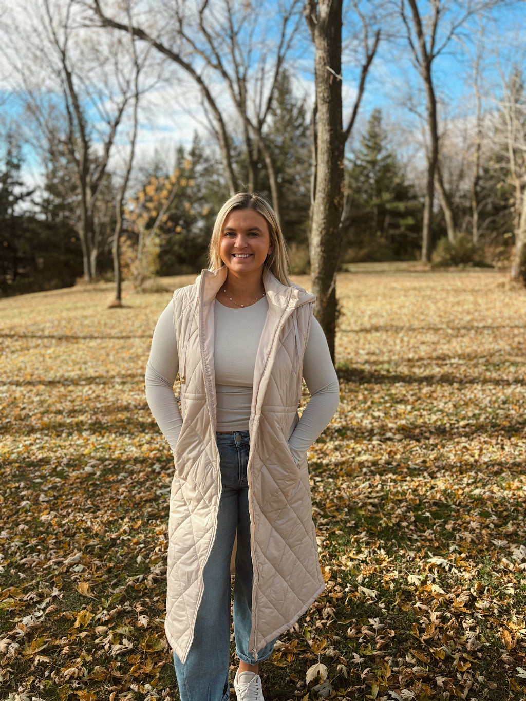 Beige Quilted Longline Vest