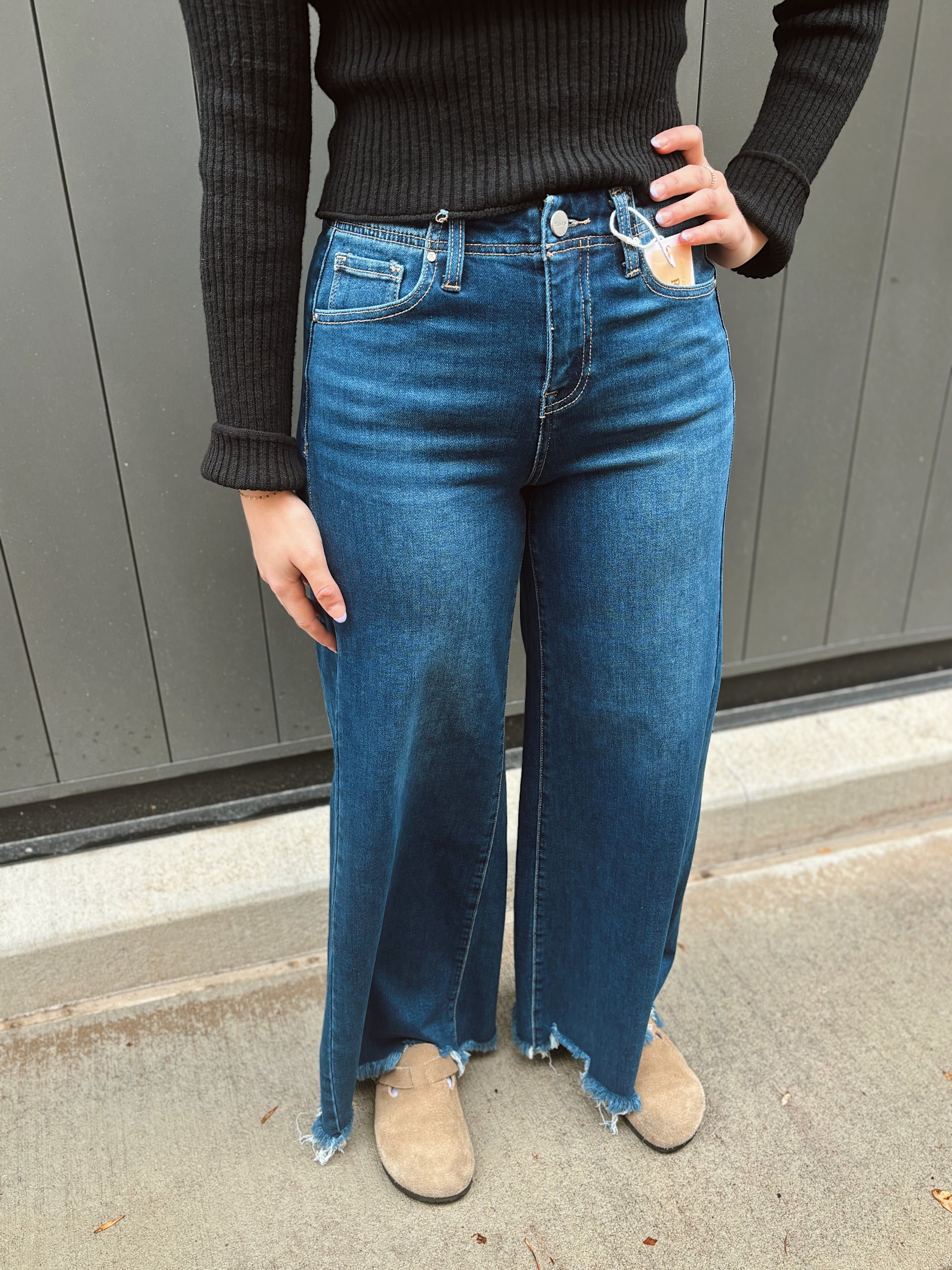 Risen High Rise Wide Fray Ankle- Dark