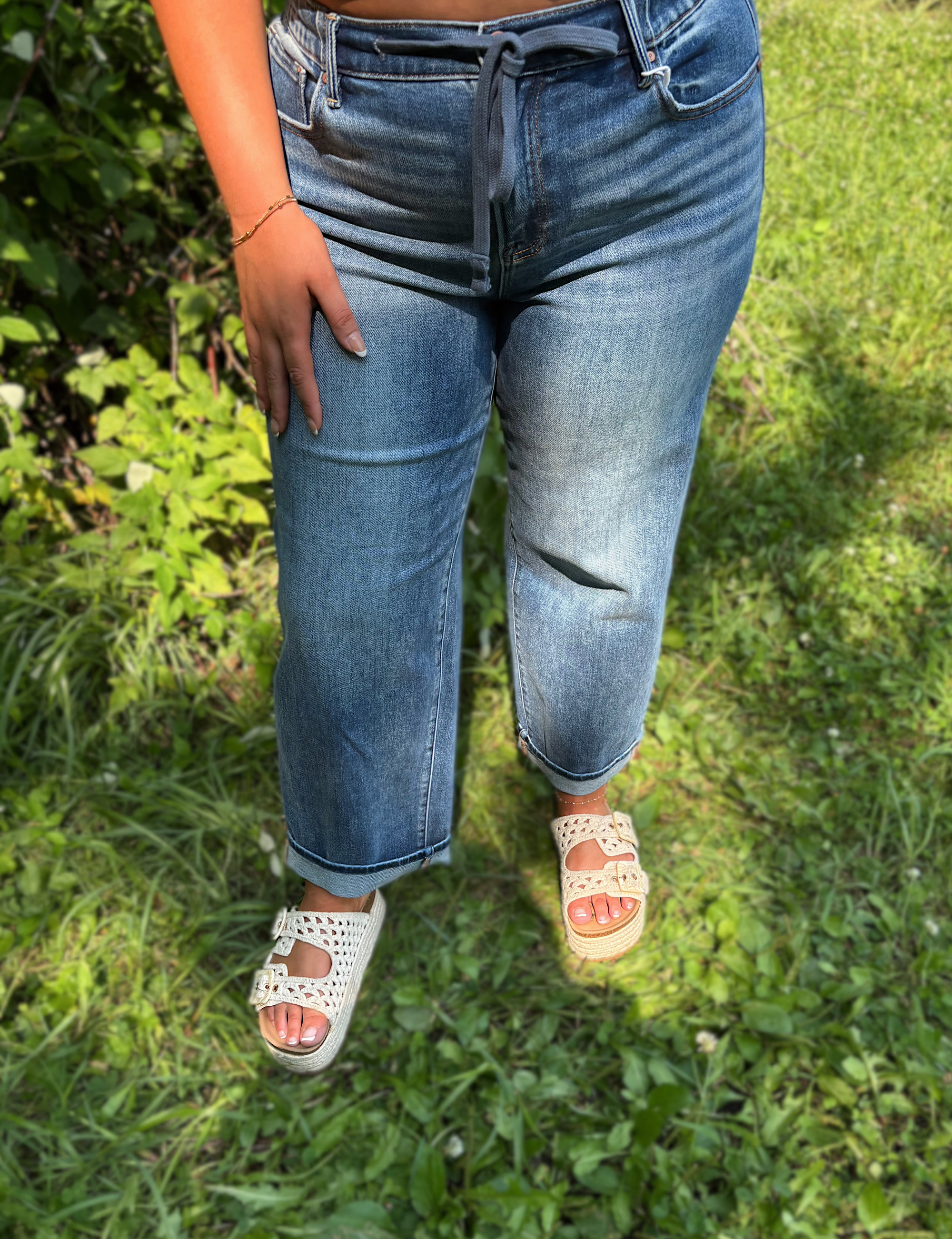 Risen Elastic Band Slouch Boyfriend Jeans- Medium