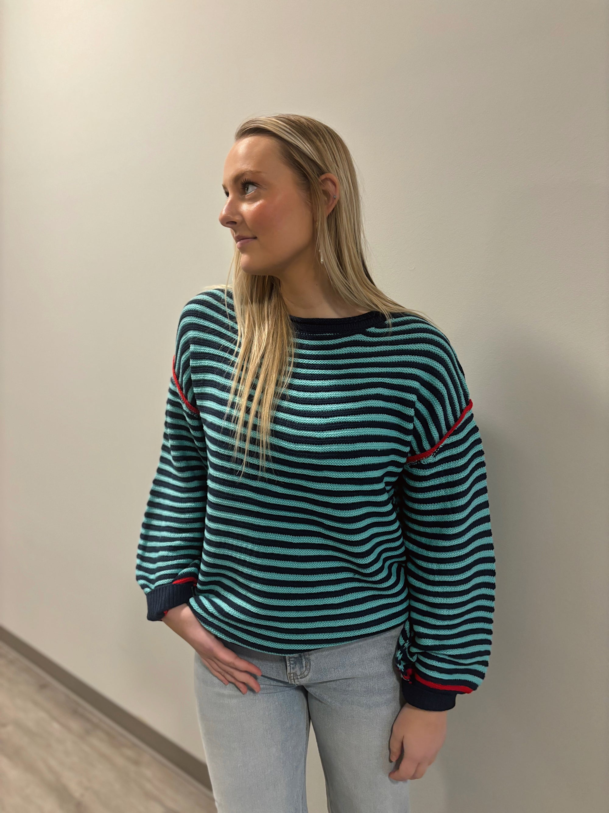 Teal Stripe Boatneck Sweater