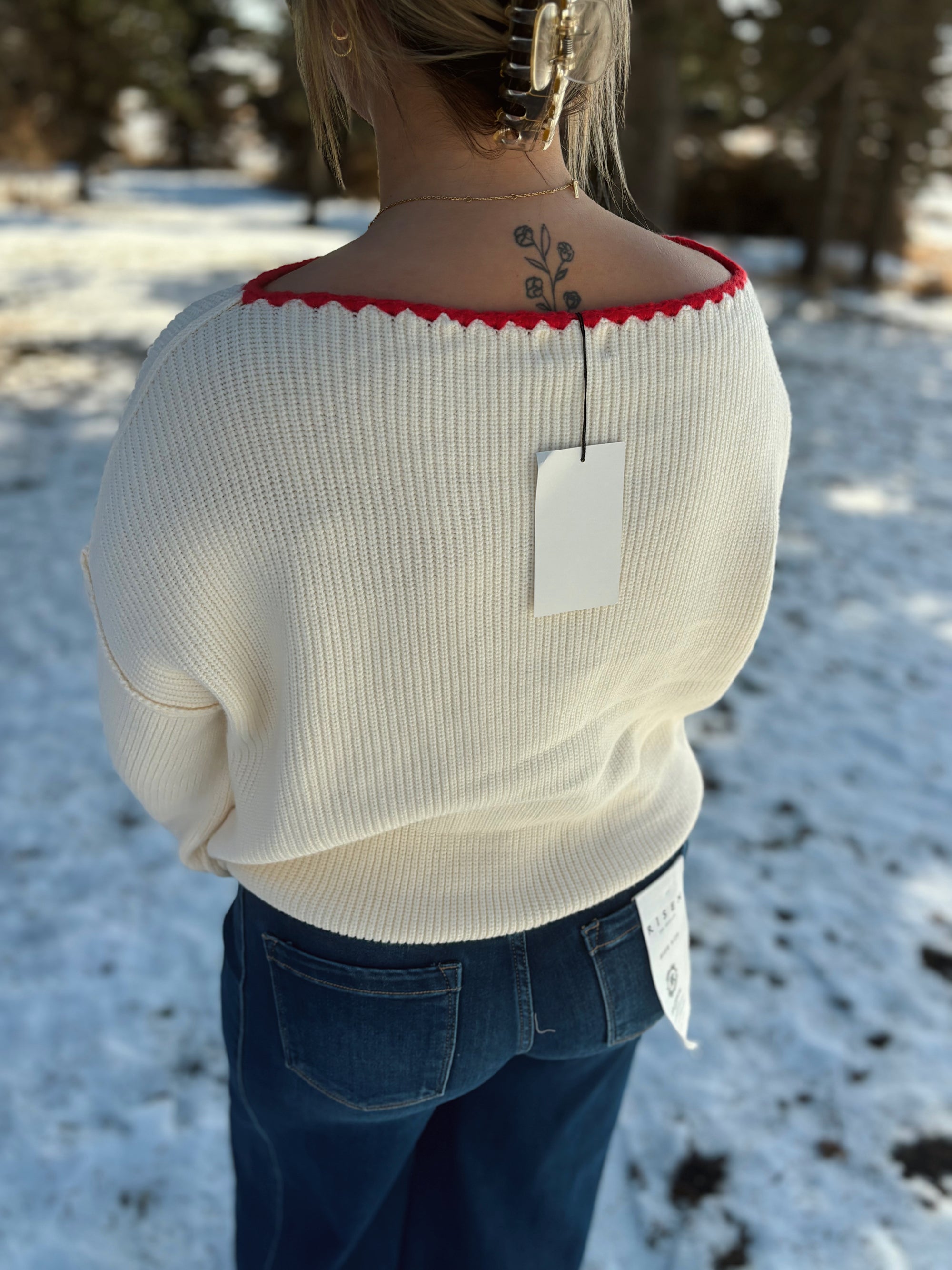 Ivory & Red Trim Knit