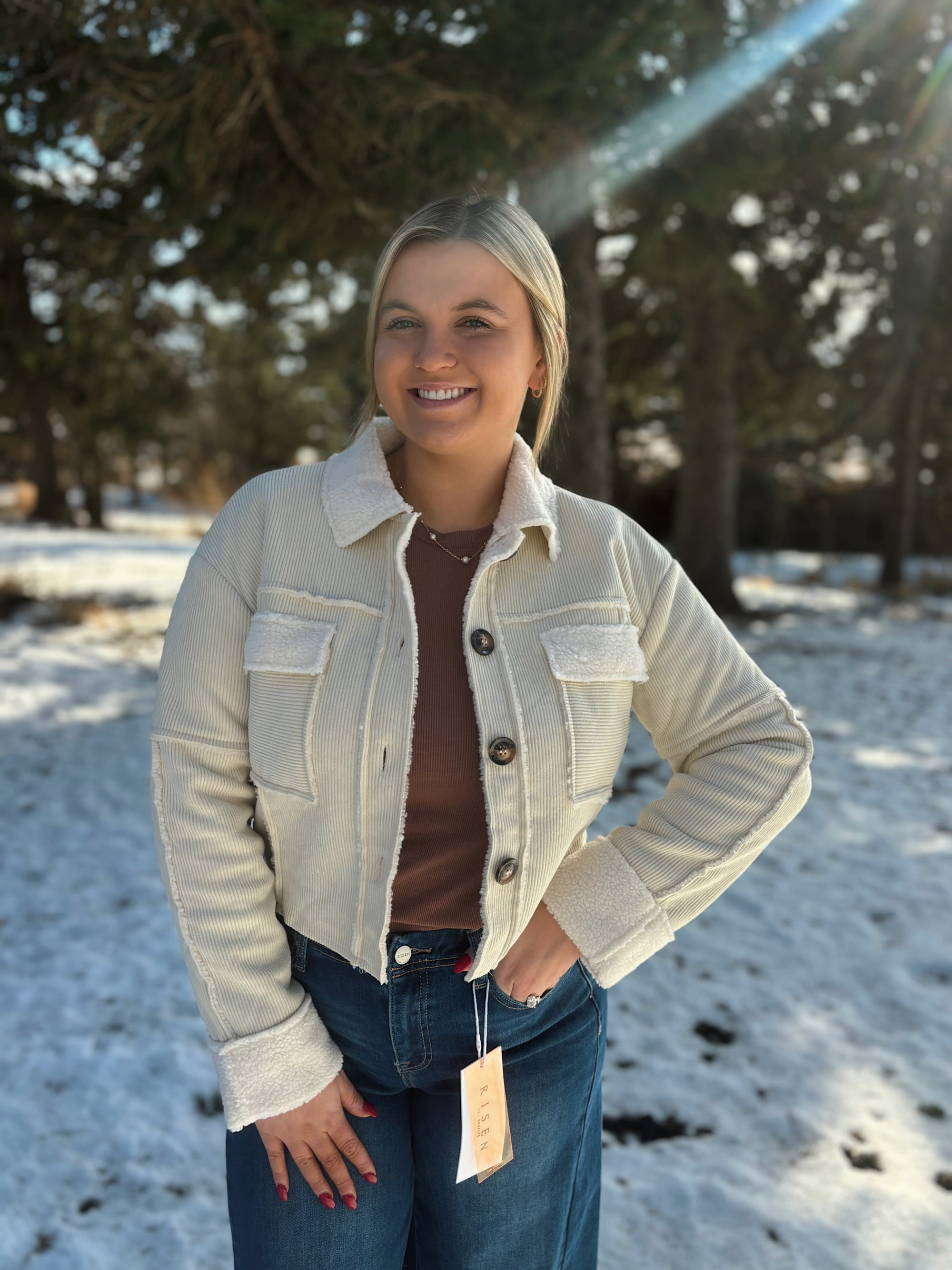 Cream Corduroy Fleece Cropped Jacket