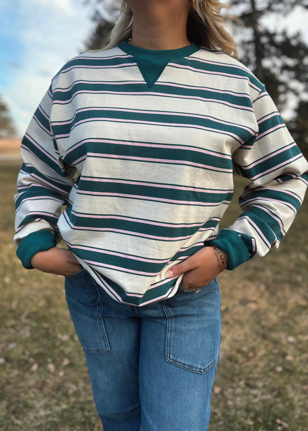Evergreen Stripe Retro Crew