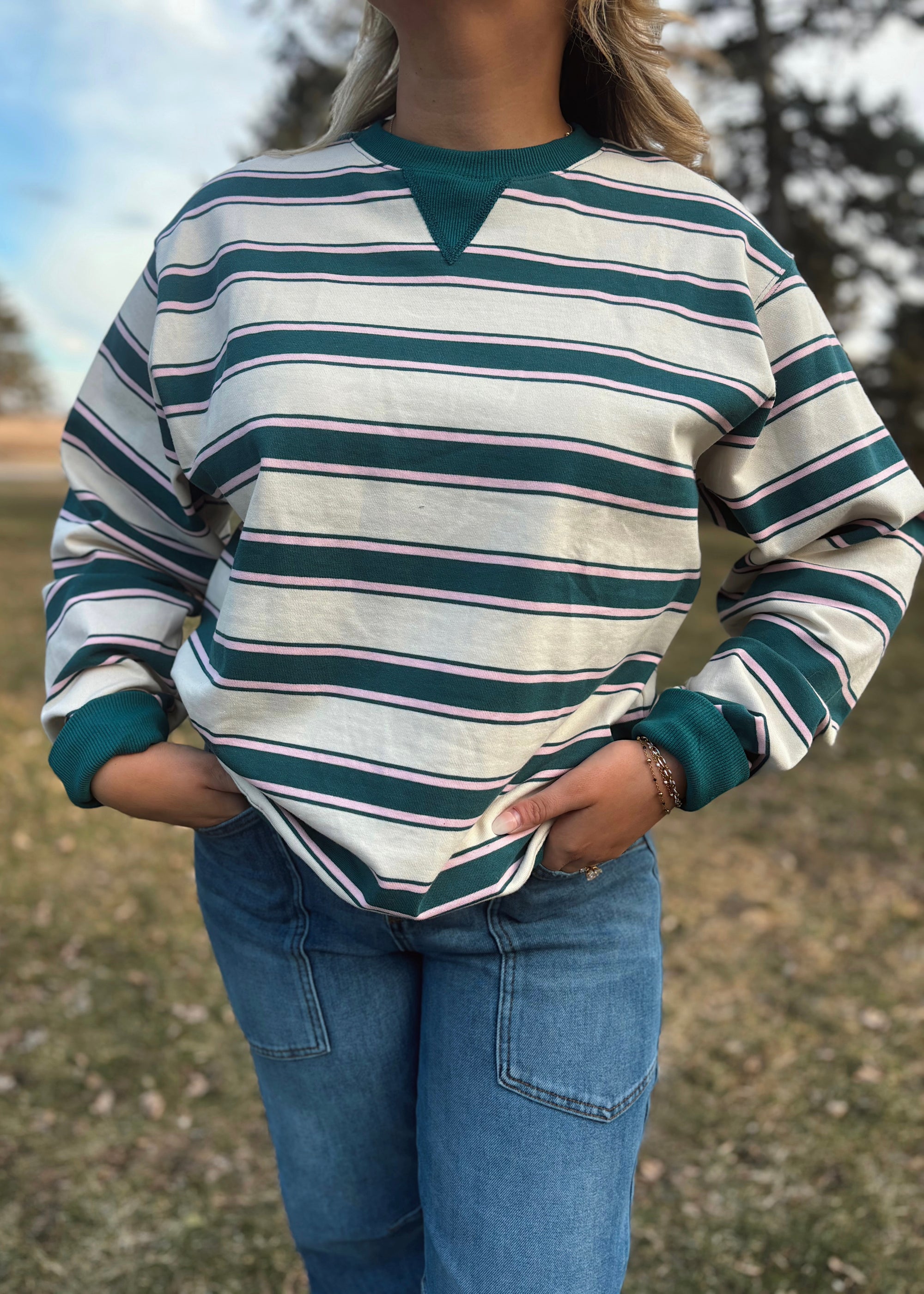 Evergreen Stripe Retro Crew